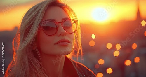 Woman wearing sunglasses observing sunset with city lights bokeh background