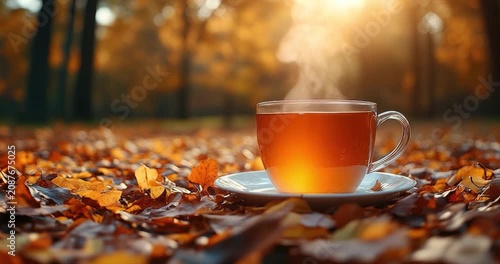 Hot beverage cup autumn foliage outdoors warm steam sunlight