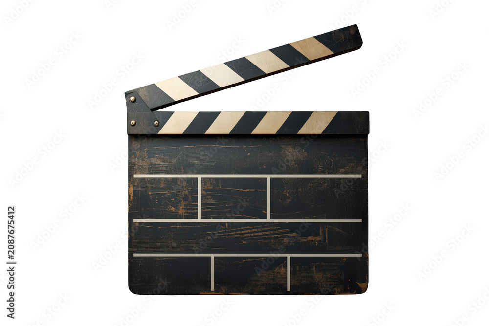 Fototapeta premium Grungy texture movie clapperboard with its arm open, representing cinematography, directing, and video project initiation