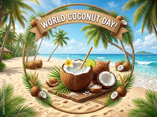 Tropical beach scene celebrating world coconut day with fresh coconuts and refreshing drinks by the ocean waves