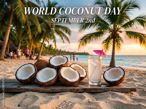 Tropical beach scene with fresh coconuts and a refreshing drink celebrating world coconut day by the ocean