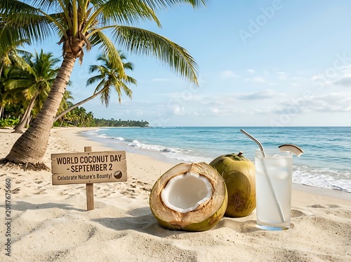 Tropical beach scene with fresh coconuts and coconut drink celebrating world coconut day by the ocean waves