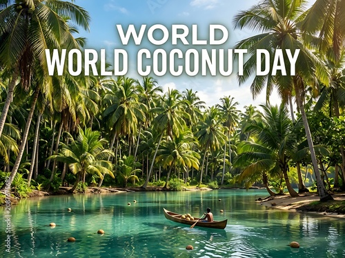 Tropical paradise with palm trees and a person rowing a canoe on world coconut day celebration