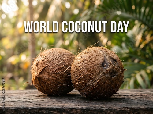 Two fresh coconuts with natural husks resting on wooden surface celebrating world coconut day