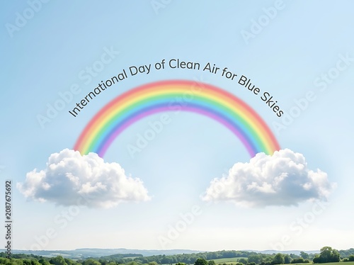 Vibrant rainbow arching over green landscape with fluffy clouds celebrating clean air and blue skies