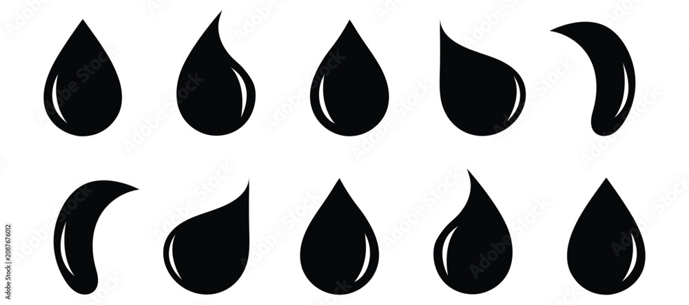 Fototapeta premium Black and white water drop icons, aqua droplets and rain symbols