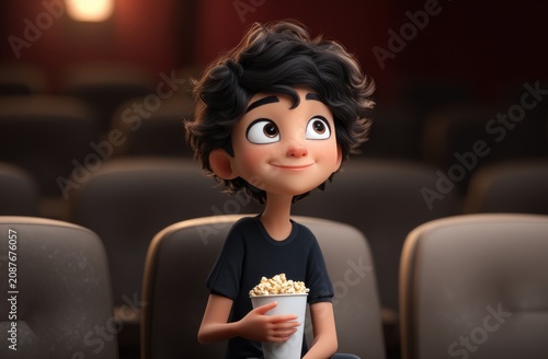 Animated boy with curly hair enjoying popcorn at a movie theater