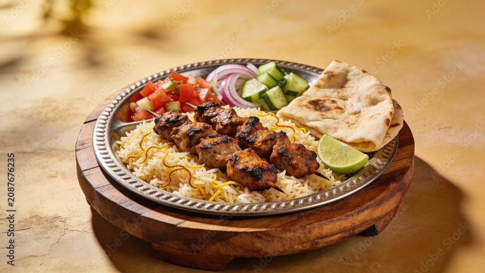 Fototapeta premium Authentic mixed grill platter with tikka boti, seekh kabab, pulao, roti, lime slices, and fresh vegetables.