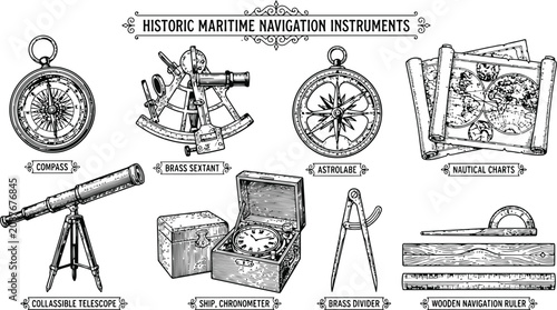 Obraz na plátně Engraving vintage maritime navigation instruments with compass sextant astrolabe