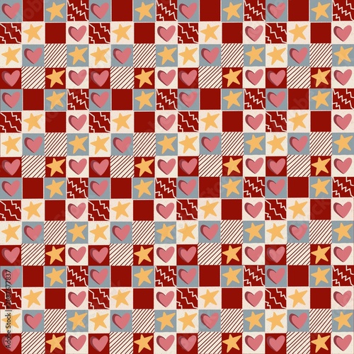 Cute Seamless Patchwork Pattern with Hearts, Stars and Geometric Squares in Retro Hand Drawn Style
