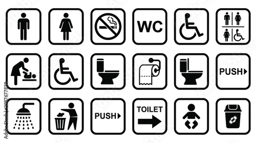 Various black and white restroom signs and symbols for accessibility and directions