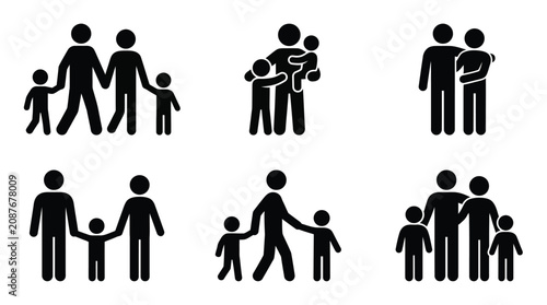 Black stick figures of adults and children showing different family relationships and interactions in simple illustrations