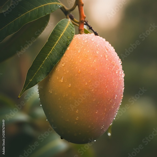 A close-up of a single ripening mango hanging from a tree branch with lush green leaves, covered in sparkling water droplets after a rain shower in a soft, natural outdoor setting wallpaper background