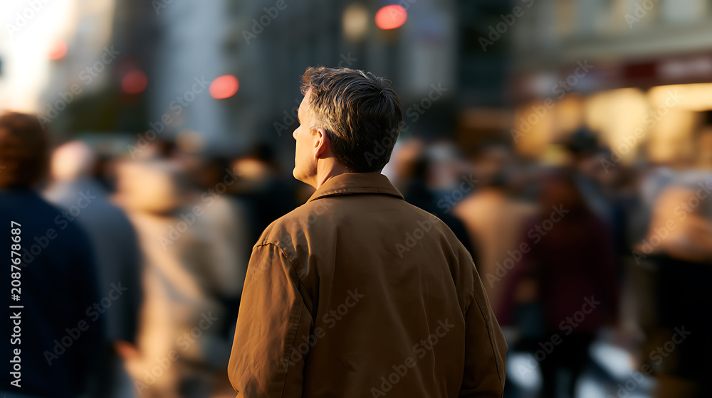 Fototapeta premium Adult man with gray hair in a brown coat standing among blurred crowd on a busy city street, looking away in thought during golden hour