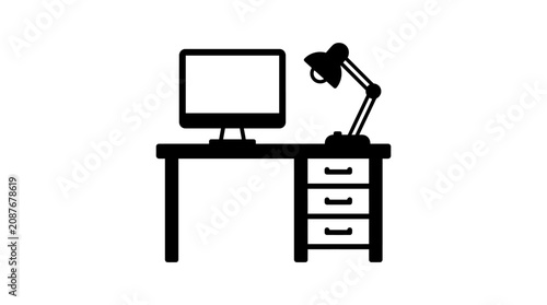 фотографія Office desk workspace concept with computer monitor and table lamp icon