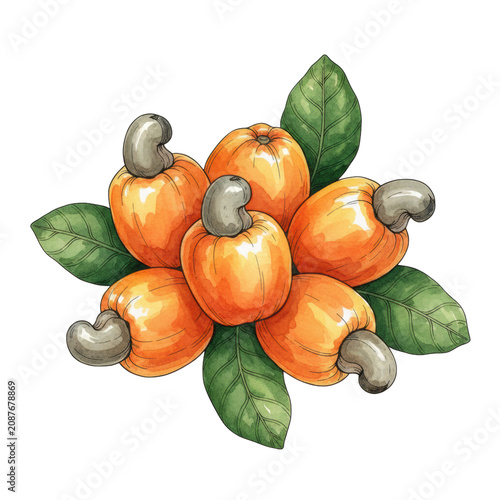 Five vibrant cashew fruits with attached nuts and deep green veined leaves on white, botanical watercolor illustration with delicate ink outlines, wholesome nature