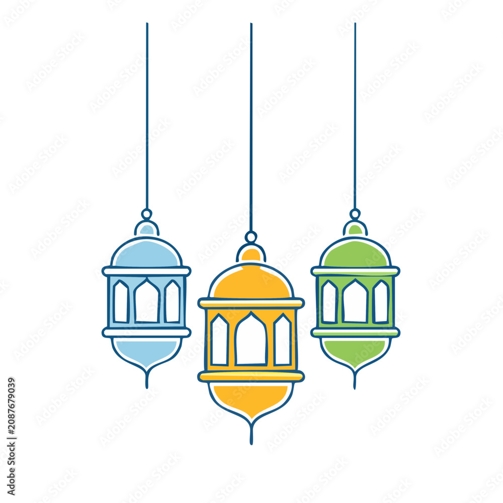 Obraz premium Three colorful hanging lanterns vector illustration
