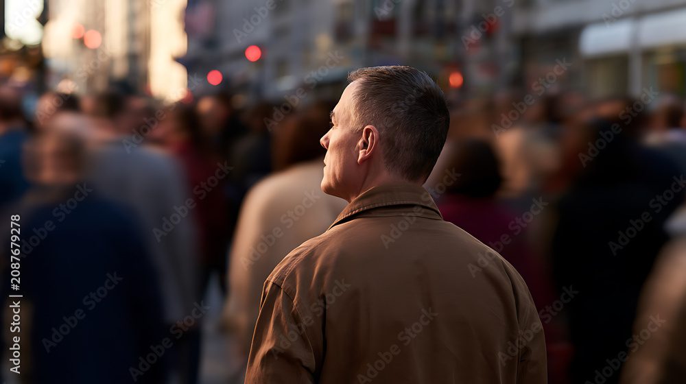 Fototapeta premium Man looks ahead, surrounded by a blurry crowd on a busy city street at dusk, illustrating urban life and individual experience