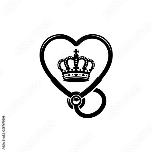Minimalist black and white heart-shaped stethoscope icon featuring an elegant royal crown inside, symbolizing the healing power of knowledge and medical excellence.
 