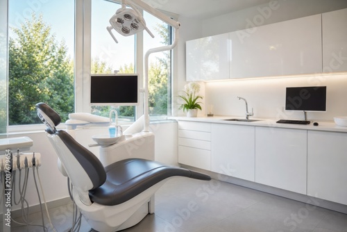 Modern dental clinic interior with white leather patient chair, overhead surgical lamp, and computer monitor in bright sterile office with large windows and greenery view