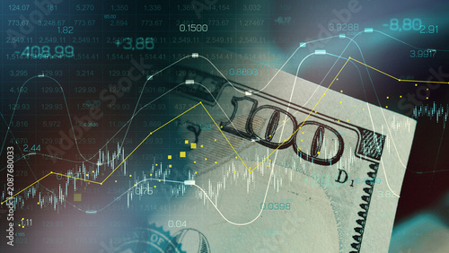 Fotografie Chart shows money movement during recession with graphics and hundred-dollar bil