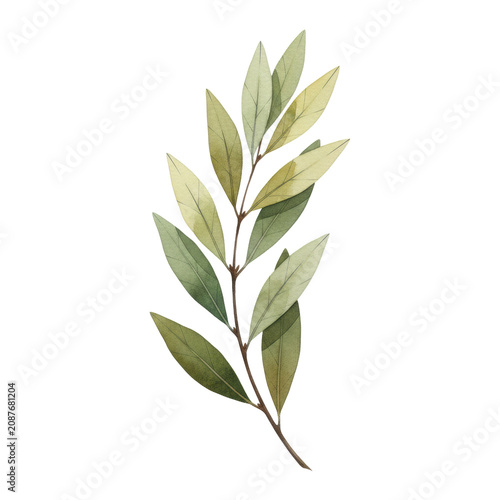 Delicate laurel branch with slender olive and sage leaves featuring soft watercolor gradients on a brown stem set against a white background, botanical art atmosphere