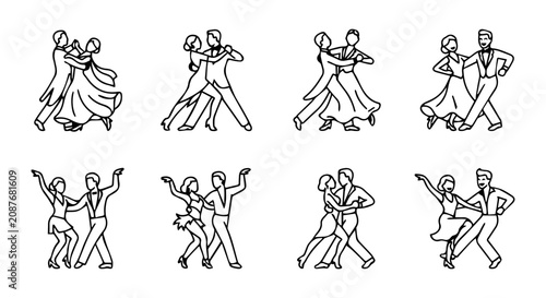 Elegant Ballroom Dancers, Couple Dancing Vector Icons Set, Romantic Movement Collection
