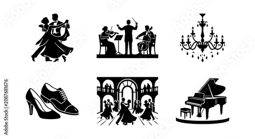 Elegant Ballroom Dancing Silhouettes, Orchestra, Chandelier, Piano, Formal Shoes Vector Set