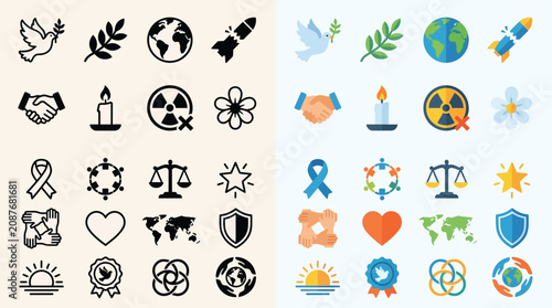 Foto Set of icons representing peace, global unity, and social justice concepts