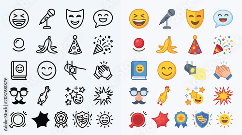 Принти на полотні Collection of icons representing entertainment, celebration, and emotions, presented in both line art and color versions