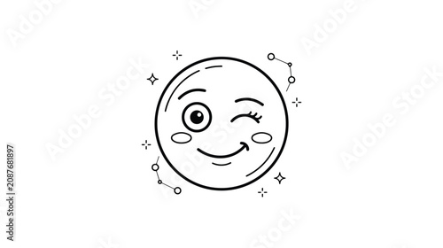 Canvastavla Minimalist winking moon character vector, celestial smiling face with stars and