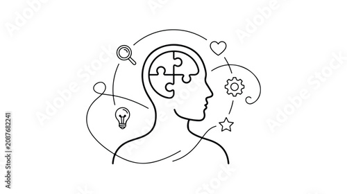 Cuadro en lienzo Minimalist human head profile with puzzle brain, mental health and psychology co