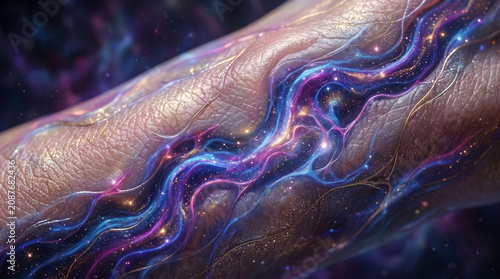 Sinuous Iridescent Nerve Pathways and Blue Violet Data Currents Flowing Along Human Skin Contours for Futuristic Biotech or Advanced Neurological Science Concept Stock Photo