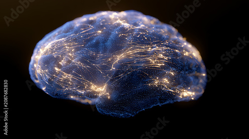 Stunning digital illustration of a human brain with illuminated neural pathways on a dark background, representing complex thought and connectivity