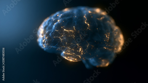 Abstract depiction of a human brain with glowing neural network connections, illustrating thought, intelligence, and digital interaction with light on dark background