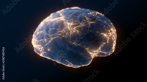 Abstract Representation of a Human Brain with Glowing Neural Activity, Illustrating Thought Processes and Cognitive Function, Scientific Concept
