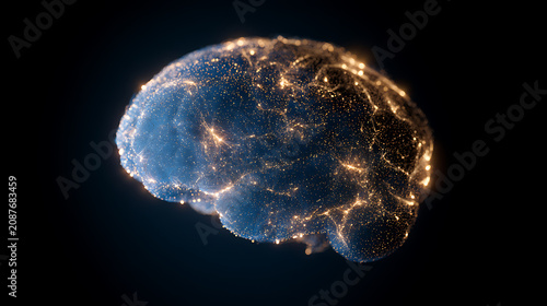 Vibrant digital brain illustration, a glowing neural network representing thought, intelligence, technology, AI, and complex mental processes