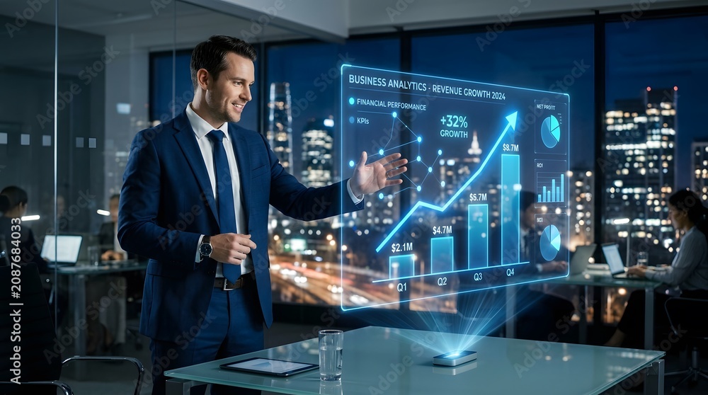 Fototapeta premium Businessman interacting with projected financial data analytics on glass table in modern office