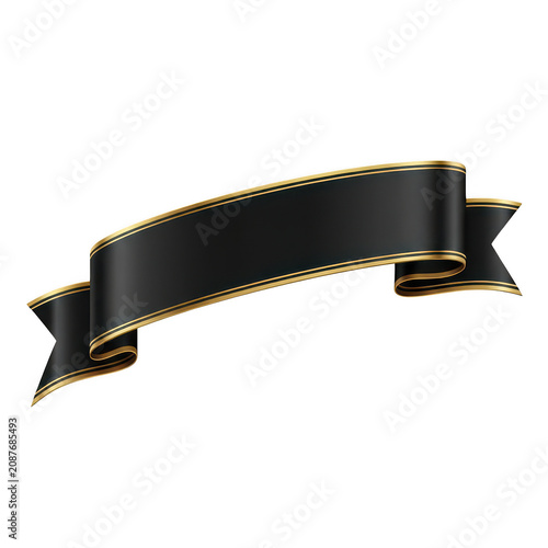 Elegant black ribbon banner with gold edges isolated on transparent background