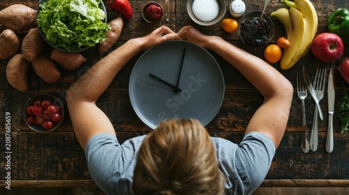 A person with their arms resting on a large plate with clock hands, surrounded by fresh vegetables, fruits, and utensils on a wooden table