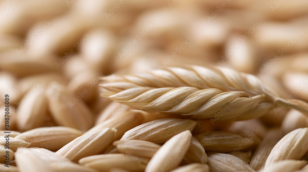 Fototapeta premium Close-up of a golden grain spikelet resting on a bed of fresh, unhusked grains, showcasing natural textures and warm harvest tones