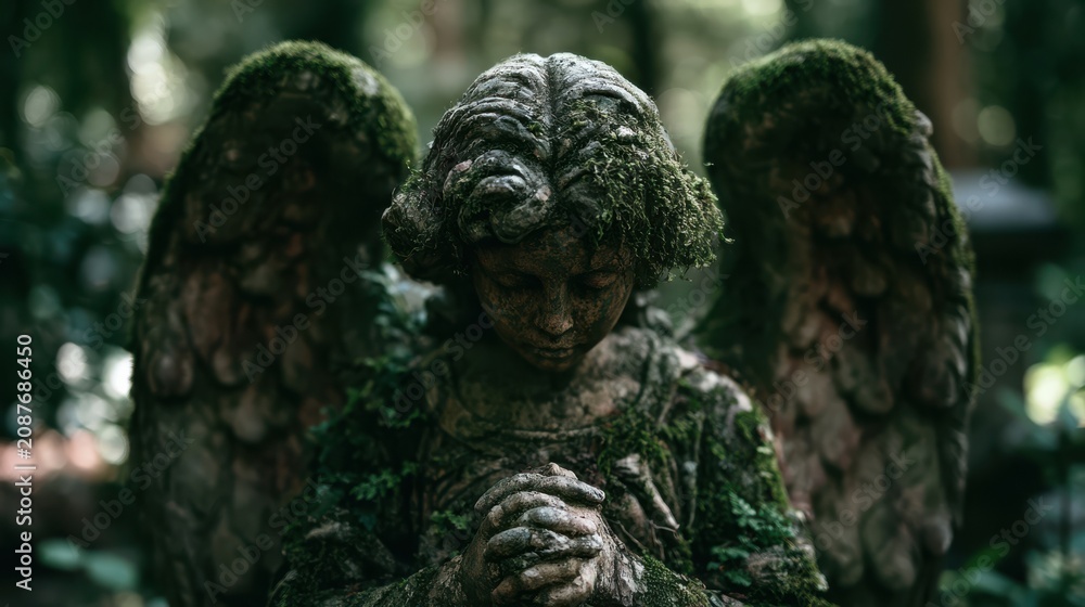 Obraz premium A moss-covered angel statue with clasped hands stands in a dimly lit forest, evoking a sense of mystery and nature reclaiming art.
