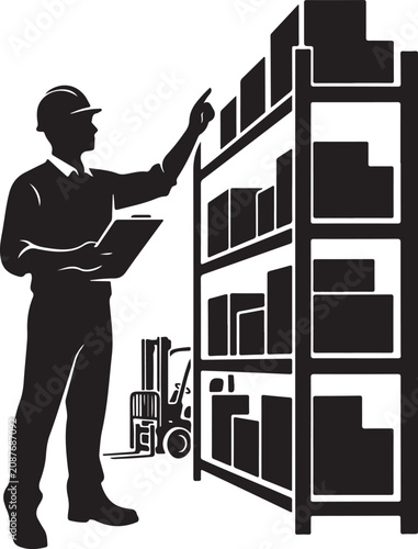 Warehouse worker inspecting shelving, boxes, and inventory silhouette