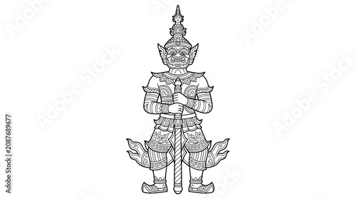 Thai Yaksha Giant Guardian Line Art Vector Illustration