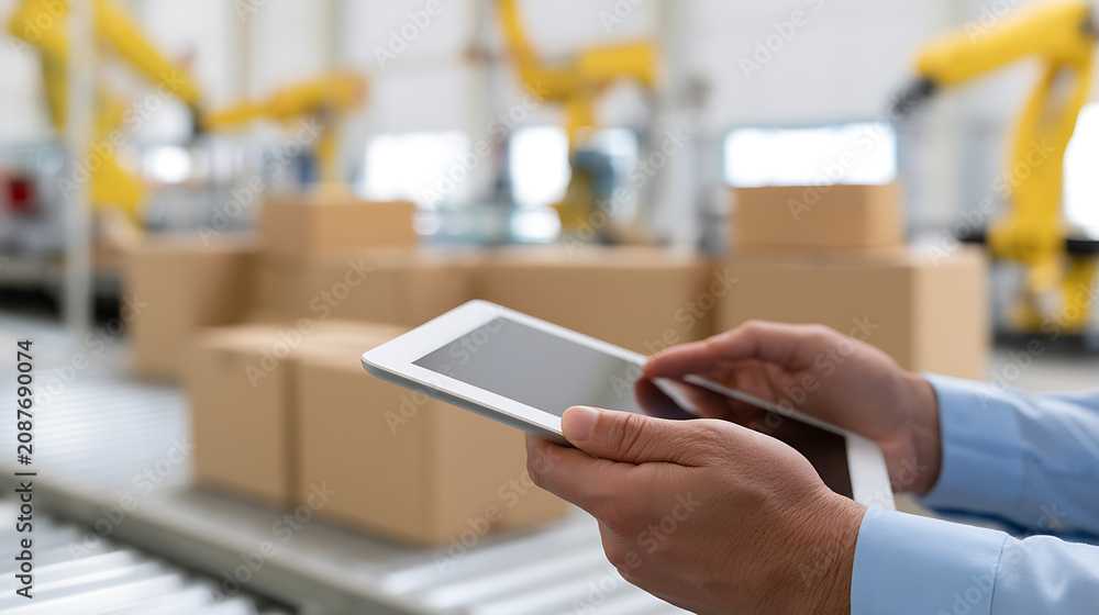 Fototapeta premium Business executive hold a tablet device in a cutting-edge smart factory, demonstrating modern logistics and automated production