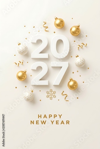 Happy new year 2027 greeting card with golden white ornaments festive snowflakes and confetti on light beige background winter holiday celebration decorative element.
