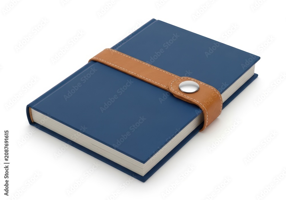 Fototapeta premium Closed dark blue notebook with brown leather strap on cover