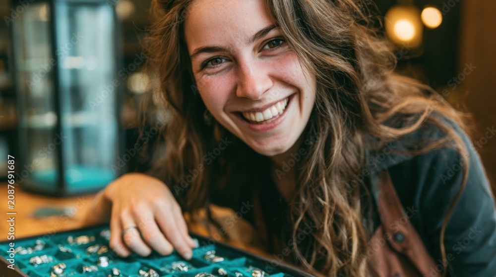 Fototapeta premium A happy young woman with long wavy brown hair smiling while looking at jewelry in a display