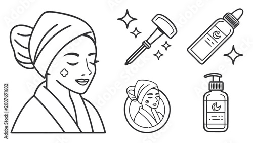 Fotografía Line art icon set of woman with towel turban skincare routine facial roller seru