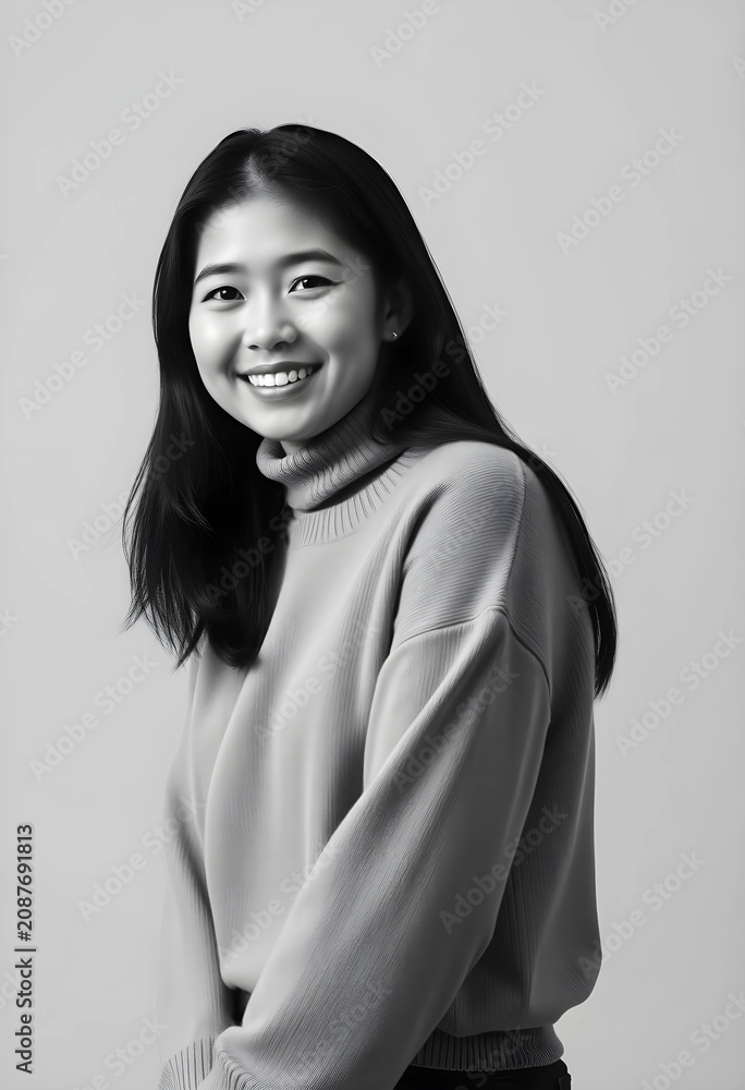 Fototapeta premium Smiling young woman wearing turtleneck sweater in studio
